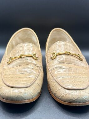 Sam Edelman Beige Croc-Embossed Leather Loafers with Gold Bit